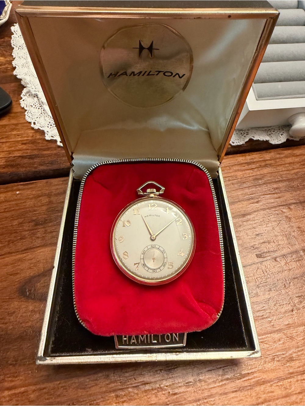 Hamilton Gold Filled Pocket Watch with Red Velvet Lined Box